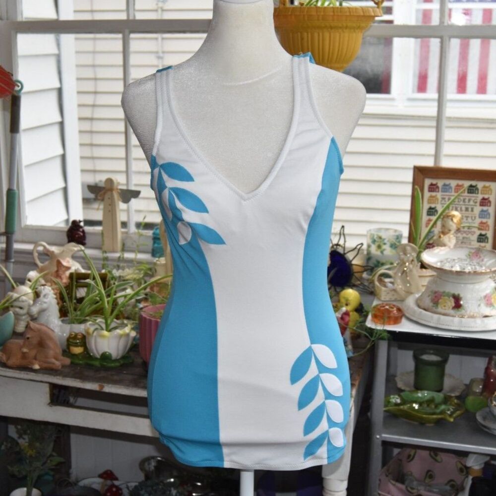 Vintage 70s DeWeese One Piece Swimsuit Blue White Leaf Print USA Size Small